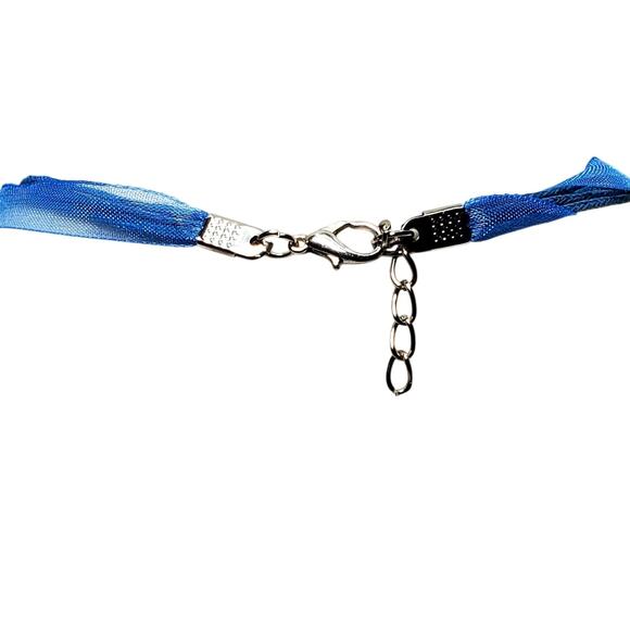 Multi Color Swirl Glass Pendant Blue Lace Necklace 18" Statement - Picture 4 of 5